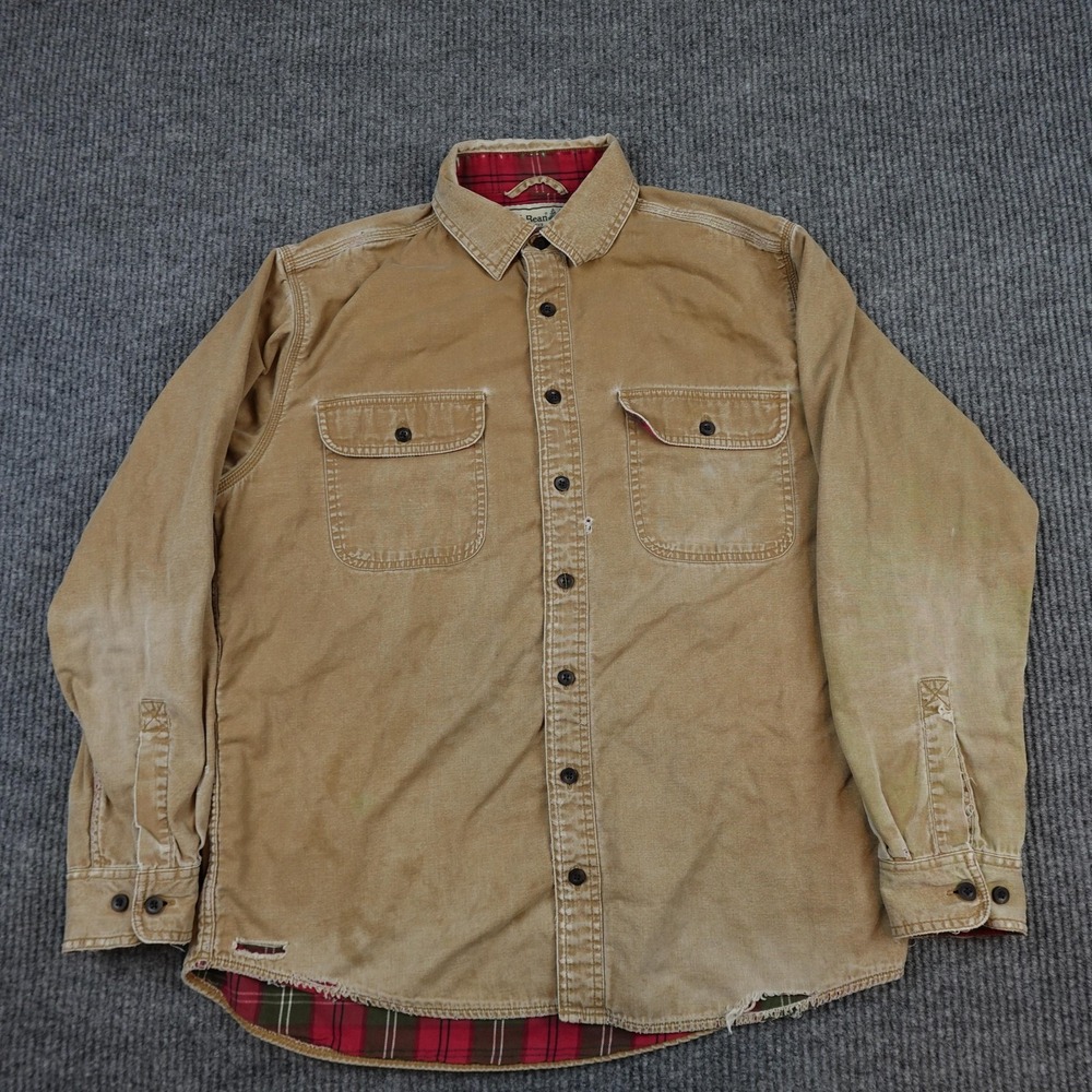 LL Bean Shirt Mens Medium Brown Canvas Flannel Lined Long Sleeve Distressed